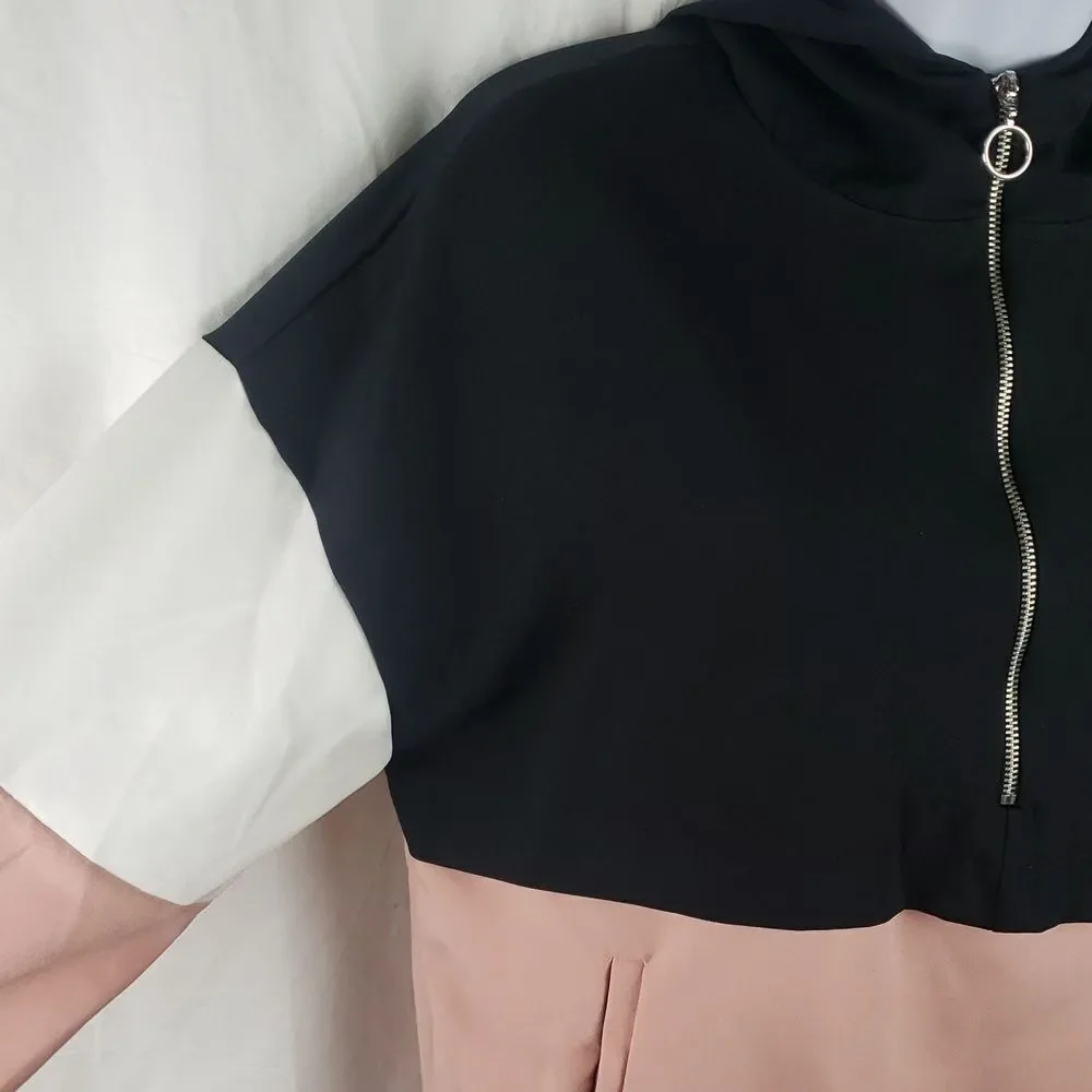 Zara Women's Small Pink Black White Colorblock Track Hooded Jacket